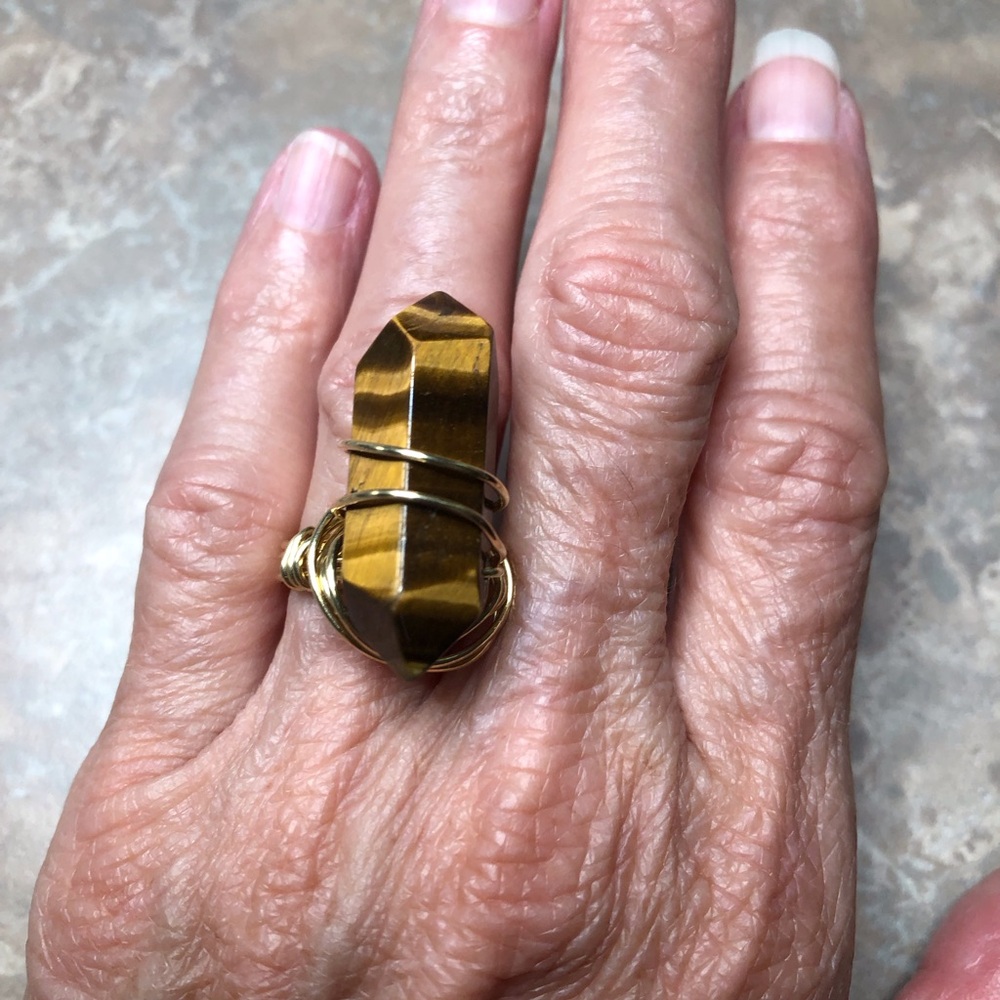 Elegant Gold Tone Wire Wrapped Tiger's Eye Ring